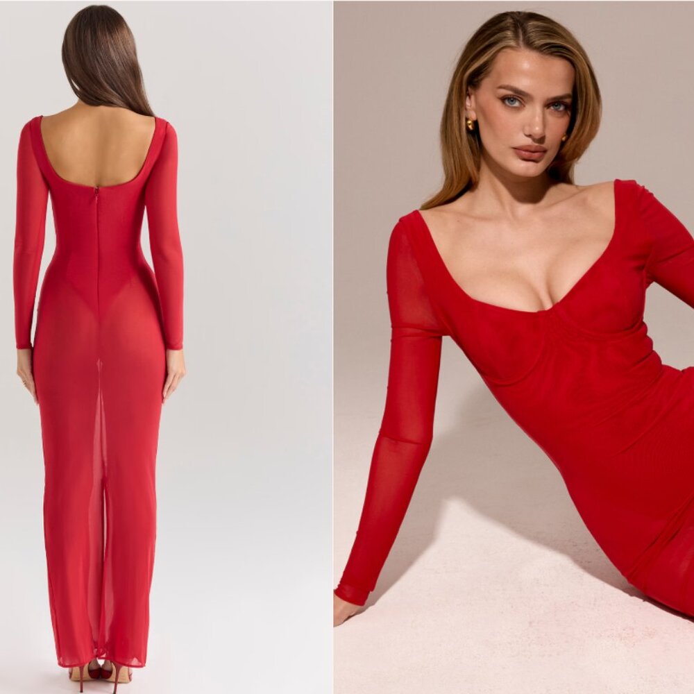 House of CB Everly holly red mesh maxi dress with bodysuit - Picture 3 of 6